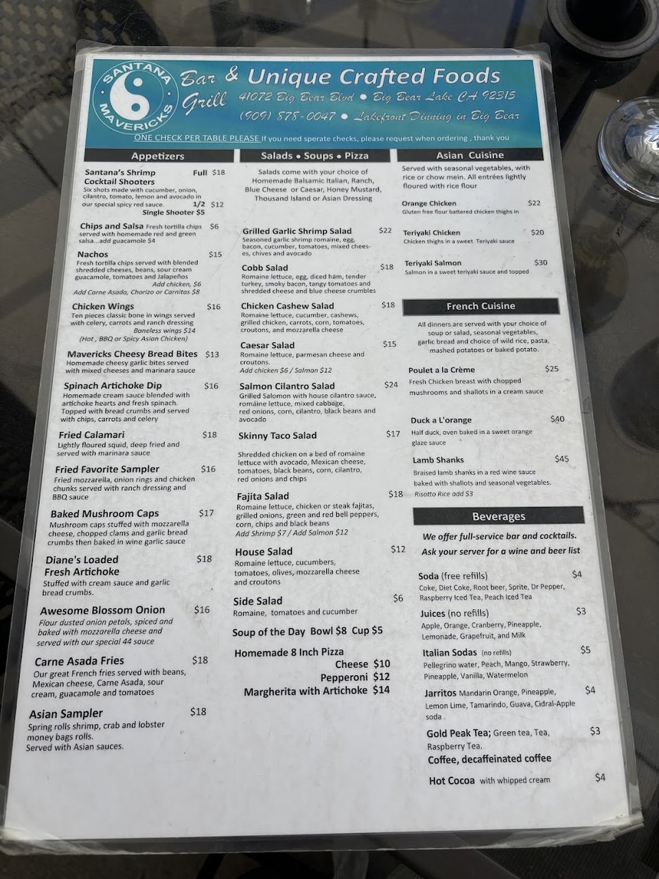 Menu page with appetizer section headings.